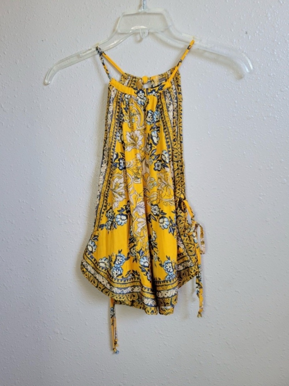 H&M Yellow Floral Halter Tank with Blue and White Accents